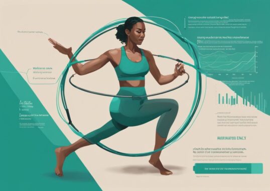 Moderne digitale Illustration einer Frau in Bewegung mit einem Hula Hoop mit Gewicht um die Taille, mit Infografik über die Vorteile und Auswirkungen der Übung auf den Körper; Keyword: was bringt Hula Hoop mit Gewicht.