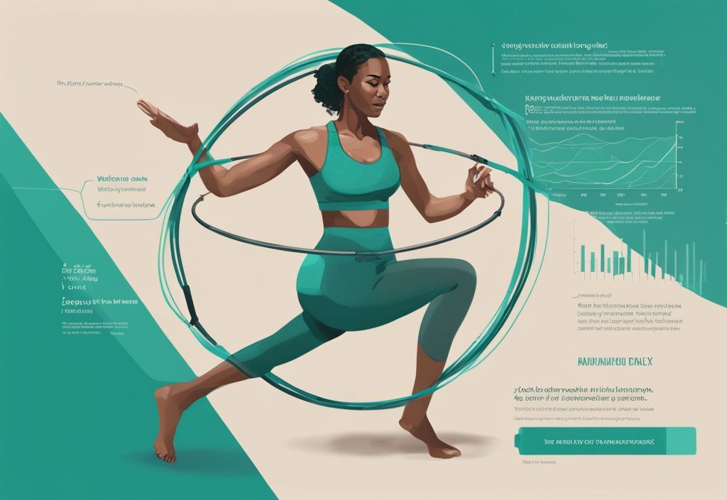 Moderne digitale Illustration einer Frau in Bewegung mit einem Hula Hoop mit Gewicht um die Taille, mit Infografik über die Vorteile und Auswirkungen der Übung auf den Körper; Keyword: was bringt Hula Hoop mit Gewicht.