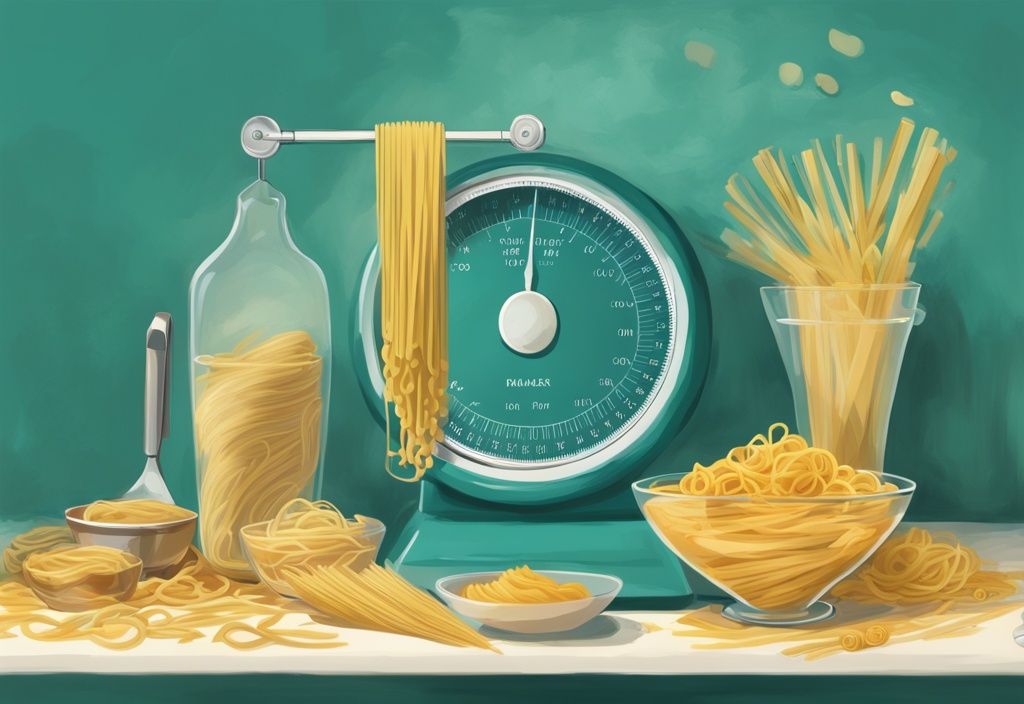 Moderne digitale Malerei mit Teal-Farbschema, verschiedene Pastasorten auf einer Waage, symbolisieren ihren unterschiedlichen Einfluss auf Gewichtsverlust.