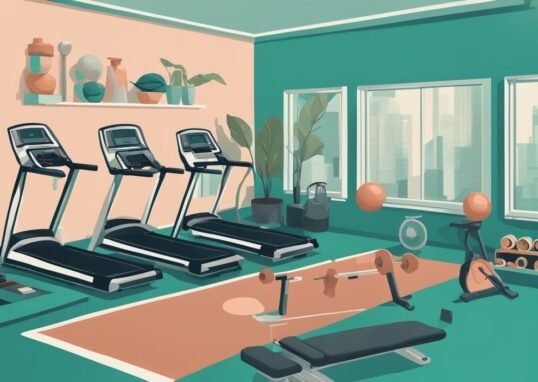 Moderne digitale Malerei mit Fitnessstudio-Ausrüstung in Teal, einschließlich Laufbändern, Ellipsentrainern und Hanteln, mit Infografiken zur Unterstützung beim Abnehmen Fitnessstudio welche Geräte.