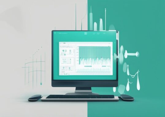 Moderne digitale Malerei mit WPF-Interface auf Computerbildschirm, Darstellung von Gewichtsverlust durch schmalere Taille oder abwärtsgerichtetes Diagramm, Hauptfarbthema Teal, was ist WPF Abnehmen.