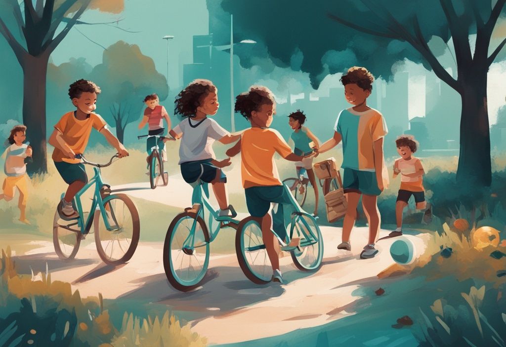 Moderne digitale Malerei mit Kindern, die fröhlich im Freien aktiv sind: Radfahren, Laufen, Fußballspielen und ein gesundes Picknick auf einem Tisch; Hauptfarbthema ist Türkis.