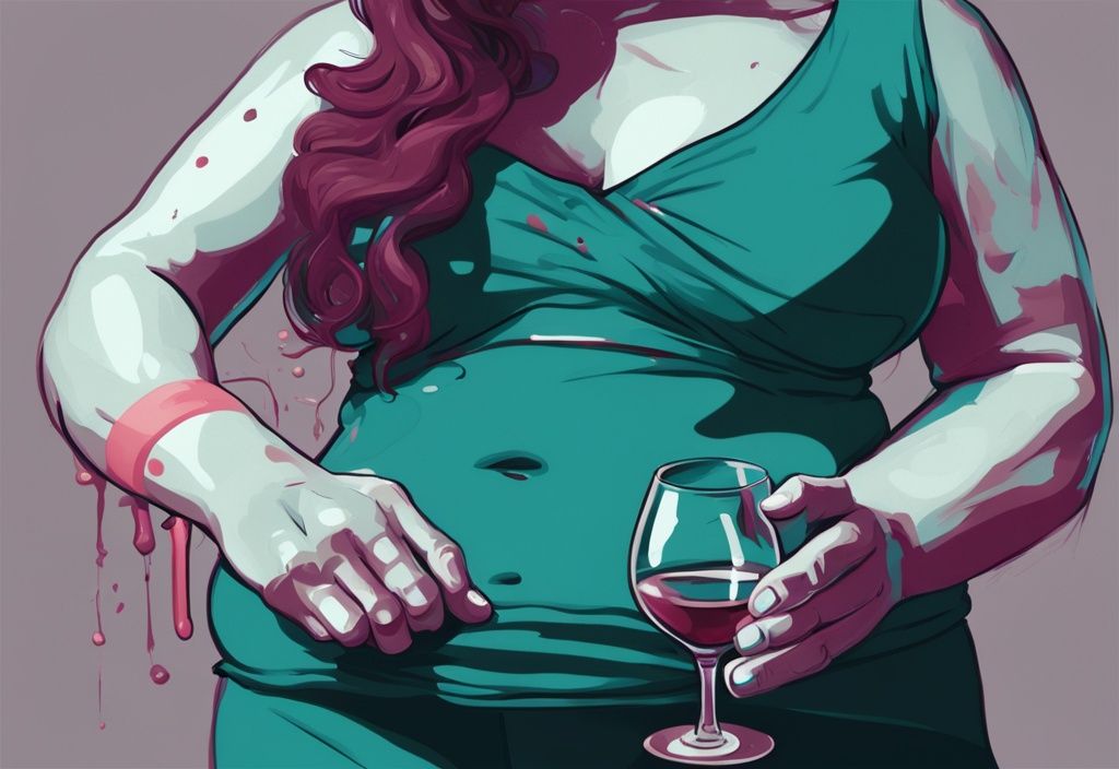 Moderne digitale Illustration einer Person, die ein Glas Wein ablehnt, mit einem sichtbaren Verband am Bauch, der auf eine kürzliche Fett-weg-Injektion hinweist, Hauptfarbthema ist Türkis.