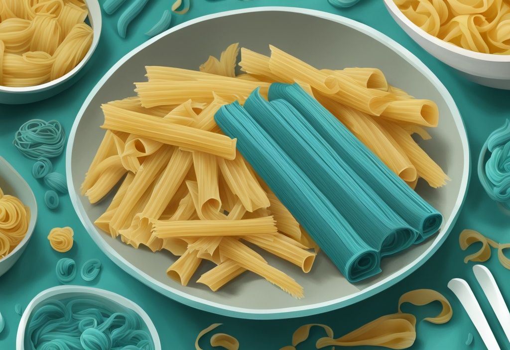 Moderne digitale Malerei mit Teal-Farbschema, verschiedene Pastasorten auf einer Waage, symbolisieren ihren Einfluss auf Gewichtsverlust.