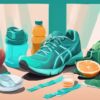 Moderne digitale Illustration in Türkis: Ausgewogener Teller mit nahrhaftem Essen, Laufschuhe und Wasserflasche, symbolisiert gesunden Lebensstil zur Gewichtsbeibehaltung, wie halte ich mein Gewicht.