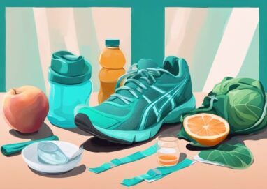 Moderne digitale Illustration in Türkis: Ausgewogener Teller mit nahrhaftem Essen, Laufschuhe und Wasserflasche, symbolisiert gesunden Lebensstil zur Gewichtsbeibehaltung, wie halte ich mein Gewicht.