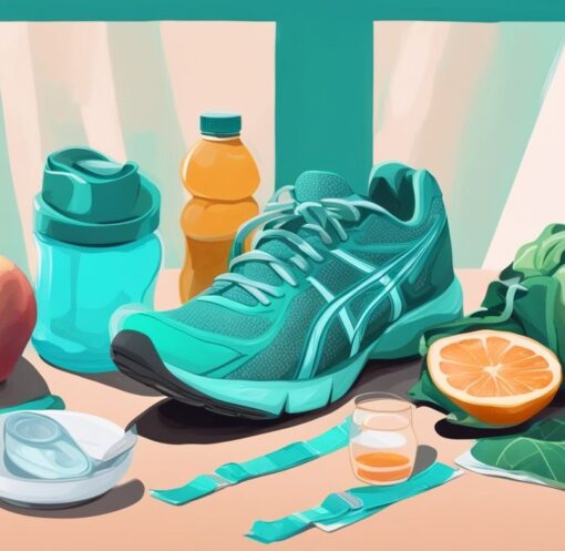 Moderne digitale Illustration in Türkis: Ausgewogener Teller mit nahrhaftem Essen, Laufschuhe und Wasserflasche, symbolisiert gesunden Lebensstil zur Gewichtsbeibehaltung, wie halte ich mein Gewicht.