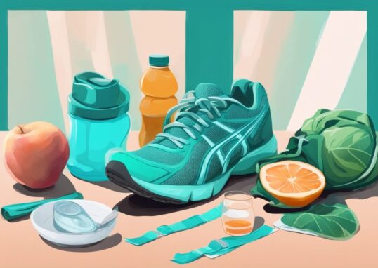 Moderne digitale Illustration in Türkis: Ausgewogener Teller mit nahrhaftem Essen, Laufschuhe und Wasserflasche, symbolisiert gesunden Lebensstil zur Gewichtsbeibehaltung, wie halte ich mein Gewicht.