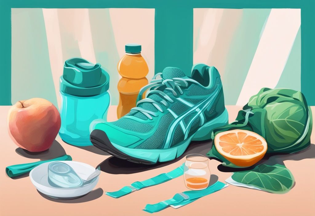 Moderne digitale Illustration in Türkis: Ausgewogener Teller mit nahrhaftem Essen, Laufschuhe und Wasserflasche, symbolisiert gesunden Lebensstil zur Gewichtsbeibehaltung, wie halte ich mein Gewicht.