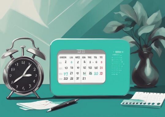 Moderne digitale Malerei mit Teal-Farbschema, zeigt eine Waage mit Kalender und Uhr im Hintergrund, symbolisiert das Konzept von Timing und Häufigkeit beim Wiegen während einer Abnehmreise, wann wiegen beim Abnehmen.