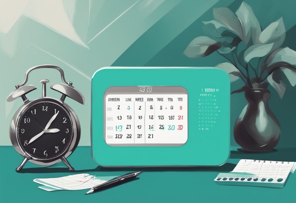 Moderne digitale Malerei mit Teal-Farbschema, zeigt eine Waage mit Kalender und Uhr im Hintergrund, symbolisiert das Konzept von Timing und Häufigkeit beim Wiegen während einer Abnehmreise, wann wiegen beim Abnehmen.