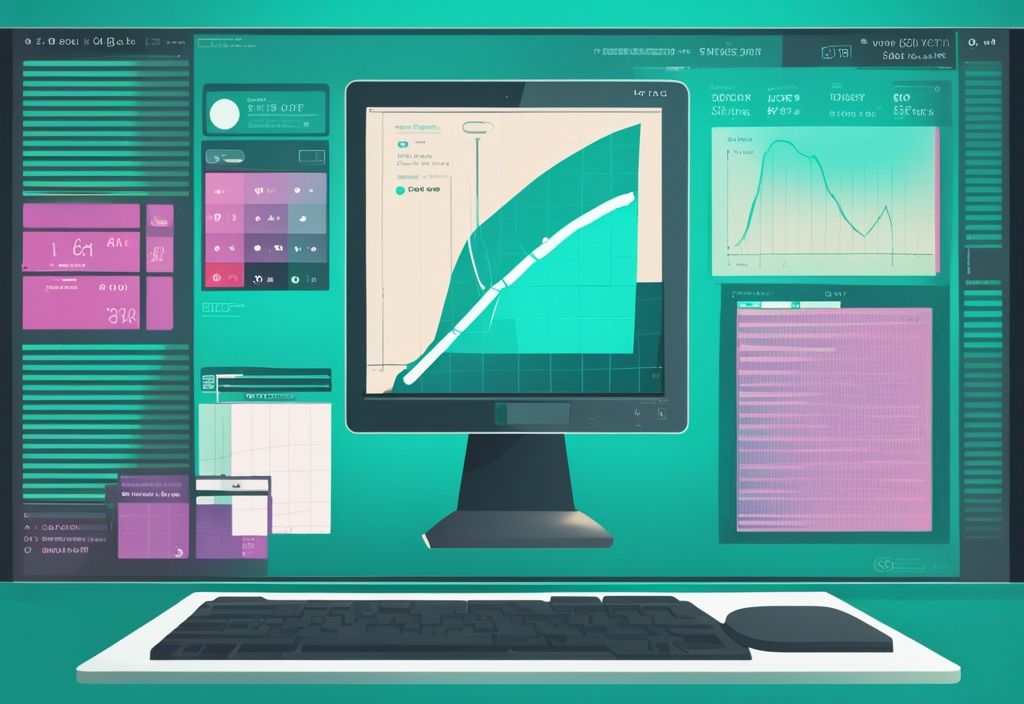 Moderne digitale Illustration mit einem WPF-Interface auf einem Computerbildschirm, das symbolisch für Gewichtsverlust steht, mit einer schrumpfenden Taille und einem abwärts gerichteten Diagramm, Hauptfarbthema Teal; was ist WPF Abnehmen.