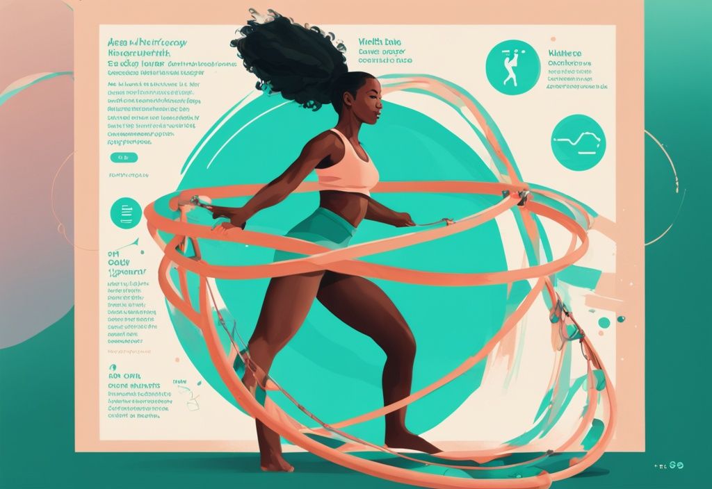 Moderne digitale Illustration einer Frau in Bewegung mit einem gewichteten Hula-Hoop-Reifen um die Taille, mit Infografik über die Vorteile und Effekte des Trainings auf den Körper; Hauptfarbthema: Türkis; Keyword: was bringt Hula Hoop mit Gewicht.