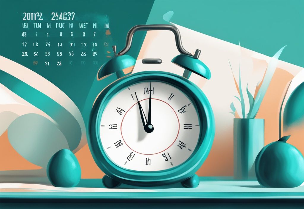 Moderne digitale Malerei mit einer Waage, Kalender und Uhr im Hintergrund, die das Timing und die Häufigkeit der Gewichtsmessung während einer Abnehmreise symbolisieren; Thema: wann wiegen beim Abnehmen.