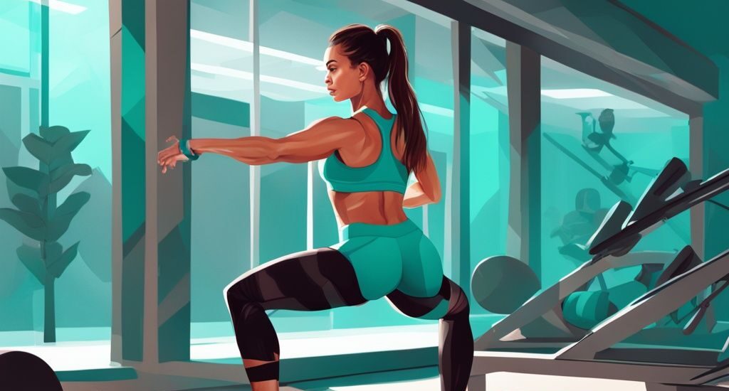 Moderne digitale Illustration einer Frau in Sportkleidung, die im hellen, sauberen Fitnessstudio eine Oberschenkelübung wie Ausfallschritte oder Kniebeugen macht; Thema: wie kann man an den Oberschenkeln abnehmen, Hauptfarbe: Türkis.