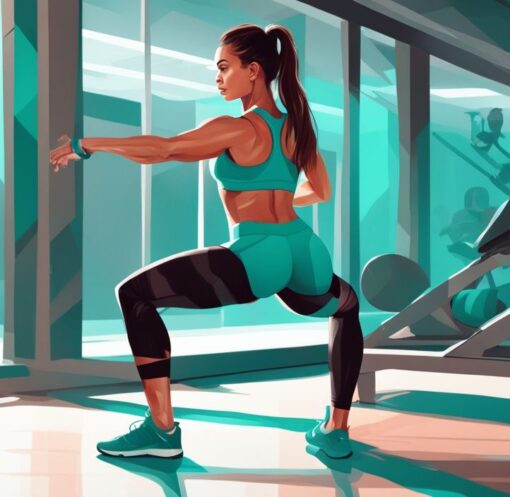 Moderne digitale Illustration einer Frau in Sportkleidung, die im hellen, sauberen Fitnessstudio eine Oberschenkelübung wie Ausfallschritte oder Kniebeugen macht; Thema: wie kann man an den Oberschenkeln abnehmen, Hauptfarbe: Türkis.