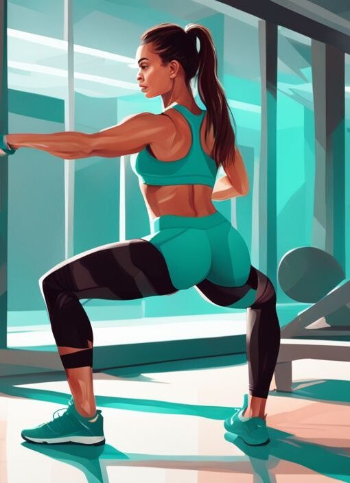 Moderne digitale Illustration einer Frau in Sportkleidung, die im hellen, sauberen Fitnessstudio eine Oberschenkelübung wie Ausfallschritte oder Kniebeugen macht; Thema: wie kann man an den Oberschenkeln abnehmen, Hauptfarbe: Türkis.