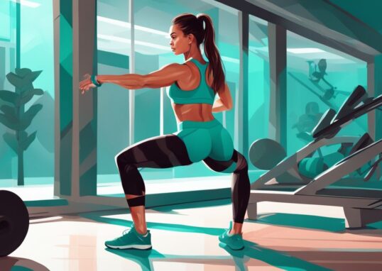 Moderne digitale Illustration einer Frau in Sportkleidung, die im hellen, sauberen Fitnessstudio eine Oberschenkelübung wie Ausfallschritte oder Kniebeugen macht; Thema: wie kann man an den Oberschenkeln abnehmen, Hauptfarbe: Türkis.