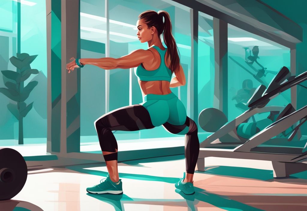 Moderne digitale Illustration einer Frau in Sportkleidung, die im hellen, sauberen Fitnessstudio eine Oberschenkelübung wie Ausfallschritte oder Kniebeugen macht; Thema: wie kann man an den Oberschenkeln abnehmen, Hauptfarbe: Türkis.