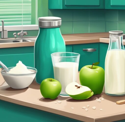 Moderne digitale Malerei mit Teal-Farbschema zeigt verschiedene Milchsorten wie Mandel-, Soja- und Magermilch auf einer Küchentheke mit Maßband und grünem Apfel, symbolisierend für Gewichtsverlust, welche Milch zum Abnehmen geeignet ist.