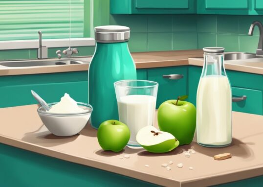 Moderne digitale Malerei mit Teal-Farbschema zeigt verschiedene Milchsorten wie Mandel-, Soja- und Magermilch auf einer Küchentheke mit Maßband und grünem Apfel, symbolisierend für Gewichtsverlust, welche Milch zum Abnehmen geeignet ist.