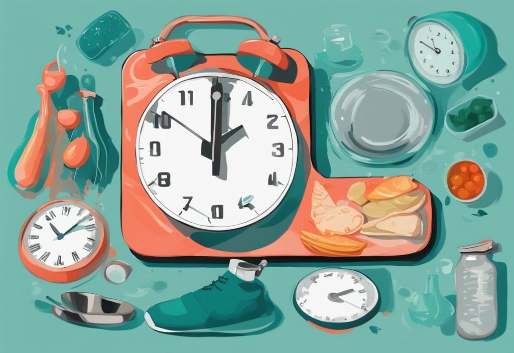 Moderne digitale Illustration in Teal: Eine Waage mit schwankenden Zahlen, umgeben von Lebensmitteln, einer Wasserflasche, Fitnessgeräten und einer Uhr, die verschiedene Tageszeiten symbolisieren; Keyword: warum schwankt das Gewicht.