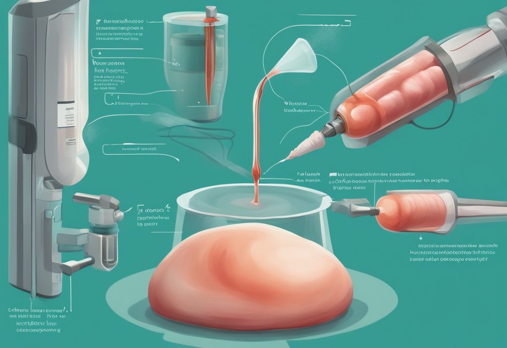 Moderne digitale Illustration des Fett-weg-Injektionsprozesses mit Schwerpunkt auf Injektionspunkt und Fettzellenabbau, Hauptfarbthema: Türkis.