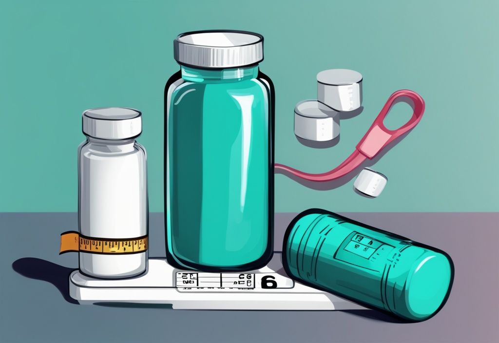 Moderne digitale Illustration eines Metformin-Fläschchens mit unterschiedlichen Dosierungen, einer Waage und einem Maßband in teal, symbolisiert Gewichtsverlust.